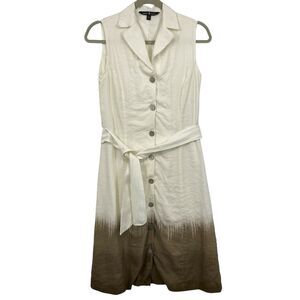 Abbie Mags Linen Sleeveless Dress Size 4 White Ombre Button Front Tie Waist